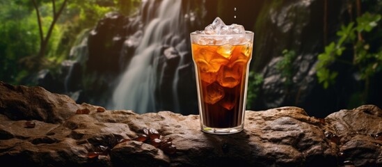 Aufkleber - Ice coffee on rock near waterfall. copy space available
