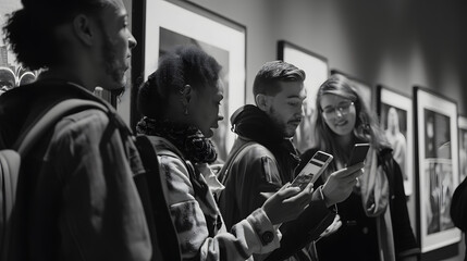 Multiracial group of visitors scanning QR code for more information on black and white photographs at a museum exhibition