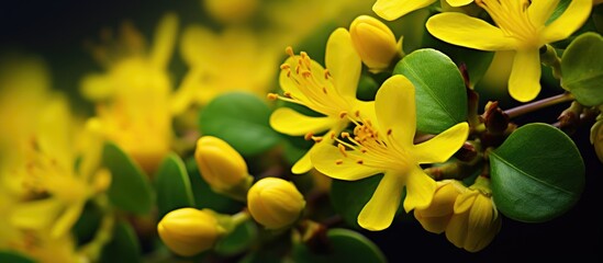 Aufkleber - Close up macro of Hypericum perforatum a herbal plant with bright yellow blossoms perfect for a copy space image