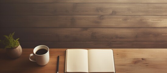 Aufkleber - Toned wooden office desk with essential supplies such as a notepad pen and pencil It also provides ample copy space for your text