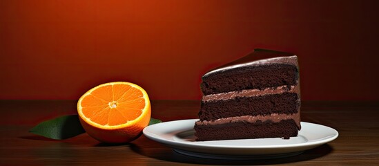 Poster - There is a copy space image of a piece of chocolate cake and an orange on a plate against a table background