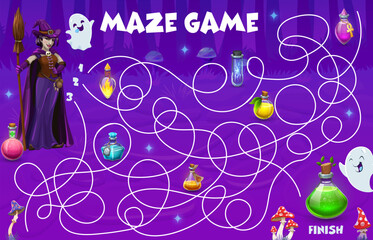 Poster - Halloween labyrinth maze, help to witch find magic potion bottle, vector game worksheet. Kids cartoon puzzle to help to witch find way to magic elixir potion bottles in forest labyrinth maze