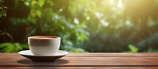 Aufkleber - Coffee cup placed on the wooden surface with a blurred background providing ample space for showcasing any desired image