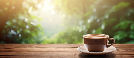 Aufkleber - Coffee cup placed on the wooden surface with a blurred background providing ample space for showcasing any desired image