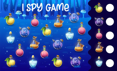 Aufkleber - Halloween kids I spy game with witch magic potion bottles on fairy forest meadow. Math puzzle vector worksheet of find and count quiz with cartoon Halloween holiday potion bottles, jars and flasks