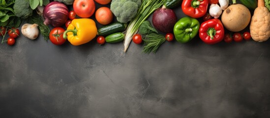 Poster - Top view of a baking tray filled with fresh organic vegetables representing a healthy vegan food concept The background is a stone concrete cooking surface providing copy space for images