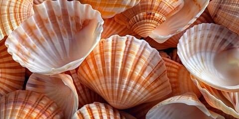 Wall Mural - A diverse aquatic collection of scallop shells adorns the beach, showcasing nature's intricate textures and vibrant colors