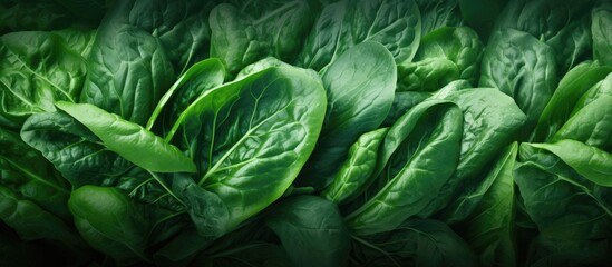 Poster - Freshly cut spinach forms an abstract background providing a vibrant and visually appealing copy space image