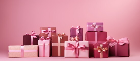 Canvas Print - Gift boxes adorned with festive wrappings arranged in anticipation of celebratory occasions like Christmas birthdays set atop a pink background offering ample copy space for customization