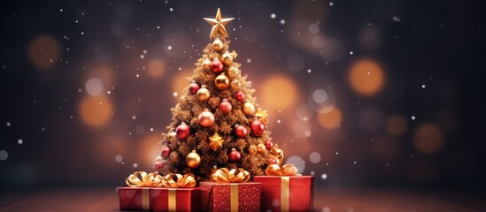 Fototapete - Decorative Christmas tree with gift box and ornaments on a colorful background Copy space image