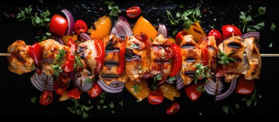 Aufkleber - Top down copy space image of grilled chicken skewers vegetables and sauce on a black background perfect for including text