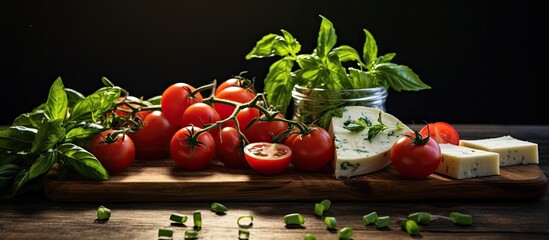 Poster - The ingredients for a delicious salad cheese tomatoes cucumbers and basil are beautifully arranged on a wooden board in this copy space image