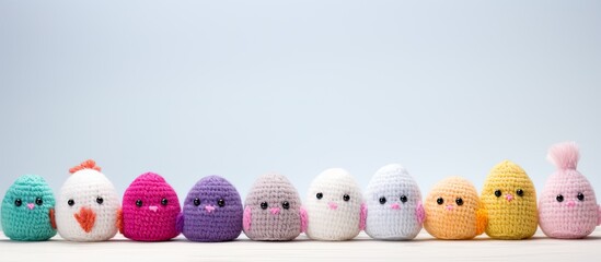Aufkleber - Colorful eggs in a row decorate the Easter background featuring an adorable amigurumi toy bunny The image offers ample empty space for notes or other items