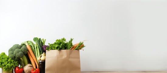 Organic vegetables and greens packaged in a paper bag of groceries are placed on a clean white table allowing for a copy space image