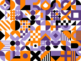 Poster - Abstract Halloween modern geometric pattern orange, purple and black colors, vector background. Halloween holiday horror night and trick or treat party pattern with geometric mosaic grid tile