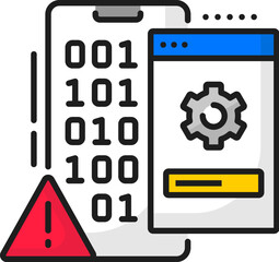Fototapete - Mobile system software update error color thin line icon. Smartphone app maintenance technology, phone update download thin line vector pictogram with binary code on smartphone screen and cogwheel