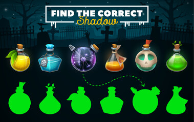 Poster - Halloween game worksheet, find the correct shadow of fairytale potion bottles on dark cemetery vector background. Halloween holiday matching quiz puzzle with cartoon magic potion, elixir or poison