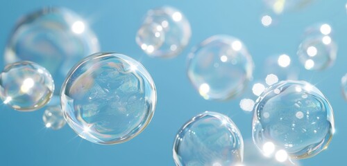 Focus on soap bubbles floating in air against a blue background, with a clear glass texture