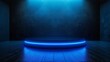 © Wimon - Sleek black podium illuminated by a vibrant blue neon glow, designed for high-tech product displays, set against a dark, futuristic background