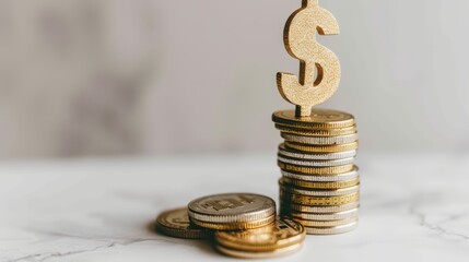 Wall Mural - Simple yet striking image of stacked coins with a golden dollar sign on top, on a light background, focusing on financial growth