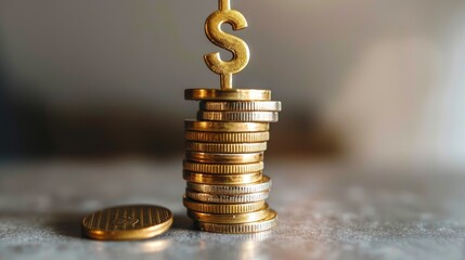 Wall Mural - Stacked coins with a gleaming golden dollar sign on top, minimalist design on a light background, symbolizing investment and prosperity