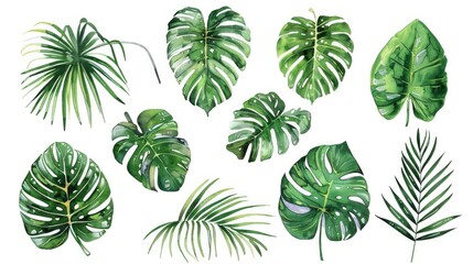 Wall Mural - Watercolor drawings of jungle plants like monstera fern and palm leaves in a tropical leaf collection