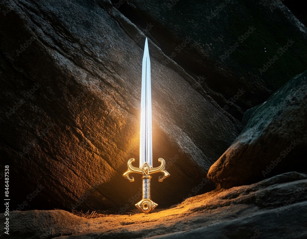 Glowing sword on dark rough rock backgrounds, game scene or fantasy ...