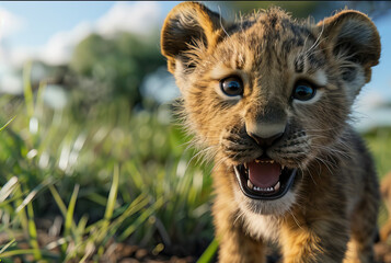 Adorable Lion Cub Roaring in the Grasslands, Captivating Wildlife Close-Up in Natural Habitat