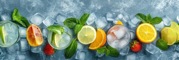 Wall Mural - Lemon, lime, orange slices with mint in a refreshing cocktail on a table with ice.