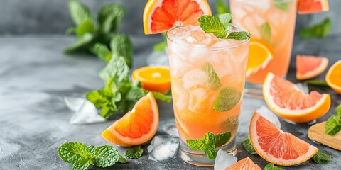 Wall Mural - A taste citrus drink with lemonade, orange, and grapefruit slices, served over ice with mint.