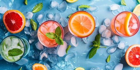 Wall Mural - A fruit citrus cocktail with lemonade, orange slices, and mint, served over ice for cool freshness.