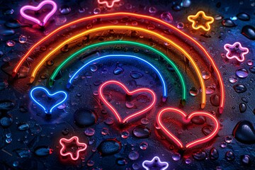 Sticker - Neon rainbow with glowing hearts on a wet reflective surface, creating a vibrant and romantic look, perfect for love themed and modern designs 