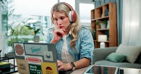 Wall Mural - Thinking, woman and laptop with headphones at house typing research, planning and information for learning online course. Female student and music for education, studying and problem solving project