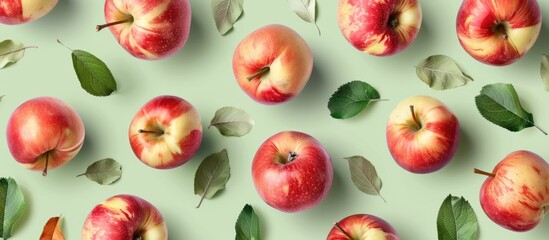 Wall Mural - Vibrant design featuring fresh red apples in a colorful fruit pattern against a light green backdrop