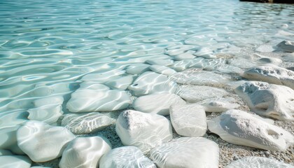 Crystal clear water with smooth white stones on the beach, perfect for a serene and peaceful summer getaway.