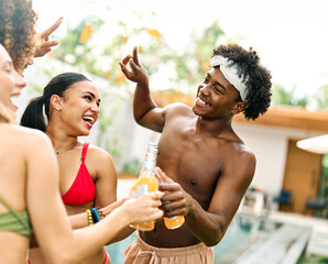 summer drink bottle celebration party friendship fun woman alcohol toast  man friend beer cheer holiday vacation happy pool enjoyment drinking beverage