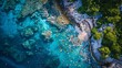 © MJ - A captivating aerial view of a coastline dotted with plastic litter, the stark contrast between the azure waters and the debris-strewn shoreline serving as a stark reminder of humanity's impact on