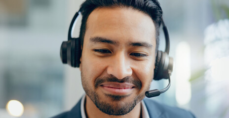 Poster - Man, headset and call centre operator in office, crm and consultant for technical support. Male person, communication and telemarketing for sale service, assistance and agent for helpdesk or advice
