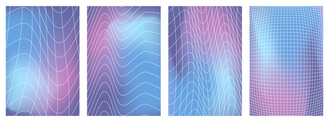 Poster - 3D Abstract Smooth Blurred Gradient backgrounds in y2k style.  Cyberpunk isolated posters whit Distorted grids. Vector illustration on white background