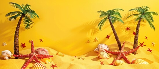 Wall Mural - Tropical Scene: Palm Trees, Starfish, and Seashells on a Sunny Yellow Background