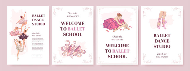 Wall Mural - Set of ballet school poster template with hand drawn ballerina, pointe shoes on white background. Ballet studio banner, cover of flyer design. Vector illustration