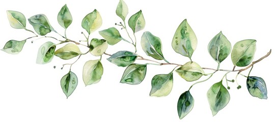 Wall Mural - Watercolor Painting of Green Leaves on a Branch.