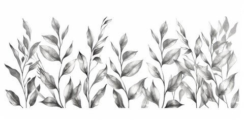 Wall Mural - Pencil Drawing of Black and White Leaves.