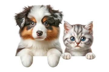 Wall Mural - Adorable australian shepherd puppy and himalayan kitten peeking, isolated on transparent background