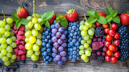 A close-up view of a colorful selection of fruit, including green grapes, red raspberries, blueberries, and cherries, arranged on a rustic wooden surface