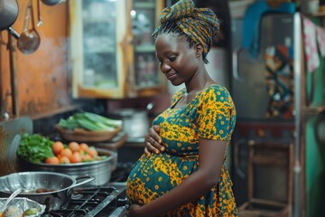 African American pregnant woman preparing food in the kitchen