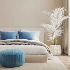 Wall Mural - Home interior mock-up background, light beige bedroom with palm and blue pouf, 3d render