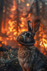 Wall Mural - A hare on the background of a forest fire