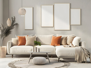 Interior room with sofa and gallery frames mockup