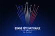 © valerybrozhinsky - Banner 14 july bastille day in france, poster with french colorful fireworks on dark sky background. Fireworks france flag. French national holiday. Vector. Translation: Happy National Day July 14